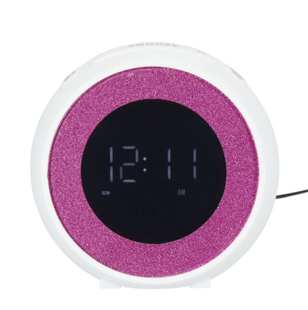 Onn Brand White Round and Pink Alarm Clock Radio Digital